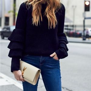 Club Monaco Black Wool Sweater with Tiered Ruffle Sleeves